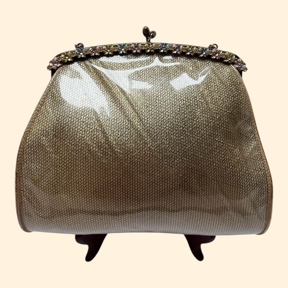 1960s Saks Fifth Avenue Gold Vinyl Handbag with Rhinestone Floral Frame